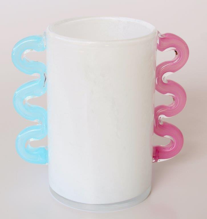 White Frosted Glass Vase Pink, Aqua Blue Handles